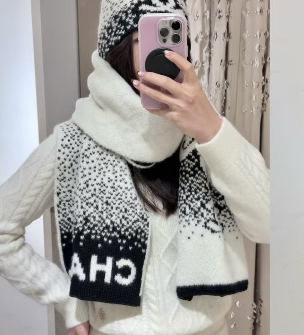Chanel Black & Cream Logo Knit Scarf